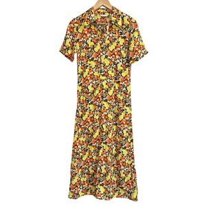 Toast Womens Yellow Orange Floral Short Sleeve Midi Shirt Dress Size 4